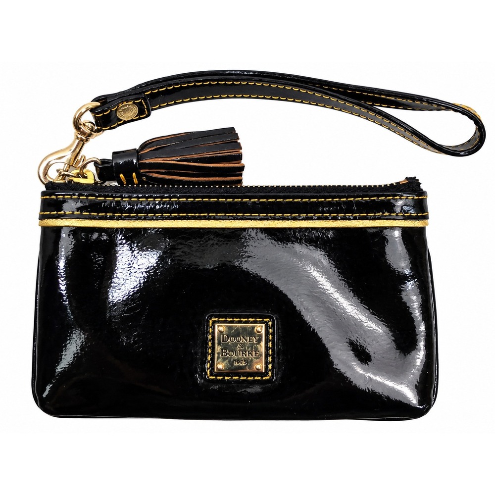 Dooney & Bourke Black Patent Leather Tassel Wristlet Pouch Gold Tone Hardware